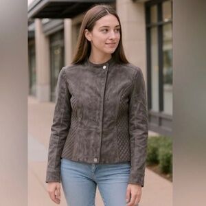 Isaac Mizrahi Suede Leather Jacket Women’s 10 Black Quilted Full Zip Gray